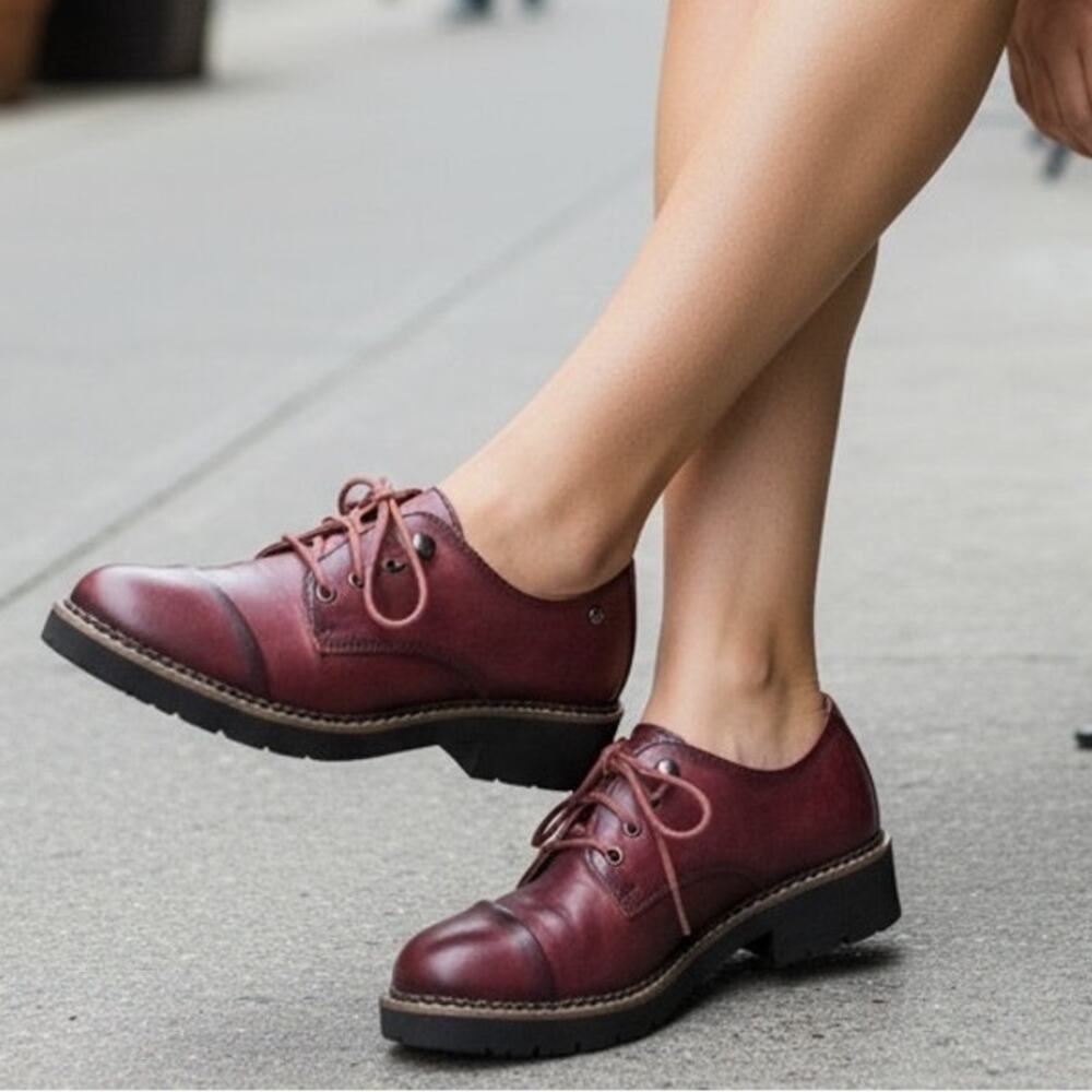 PIKOLINOS Burgundy Leather Lace-Up Flats